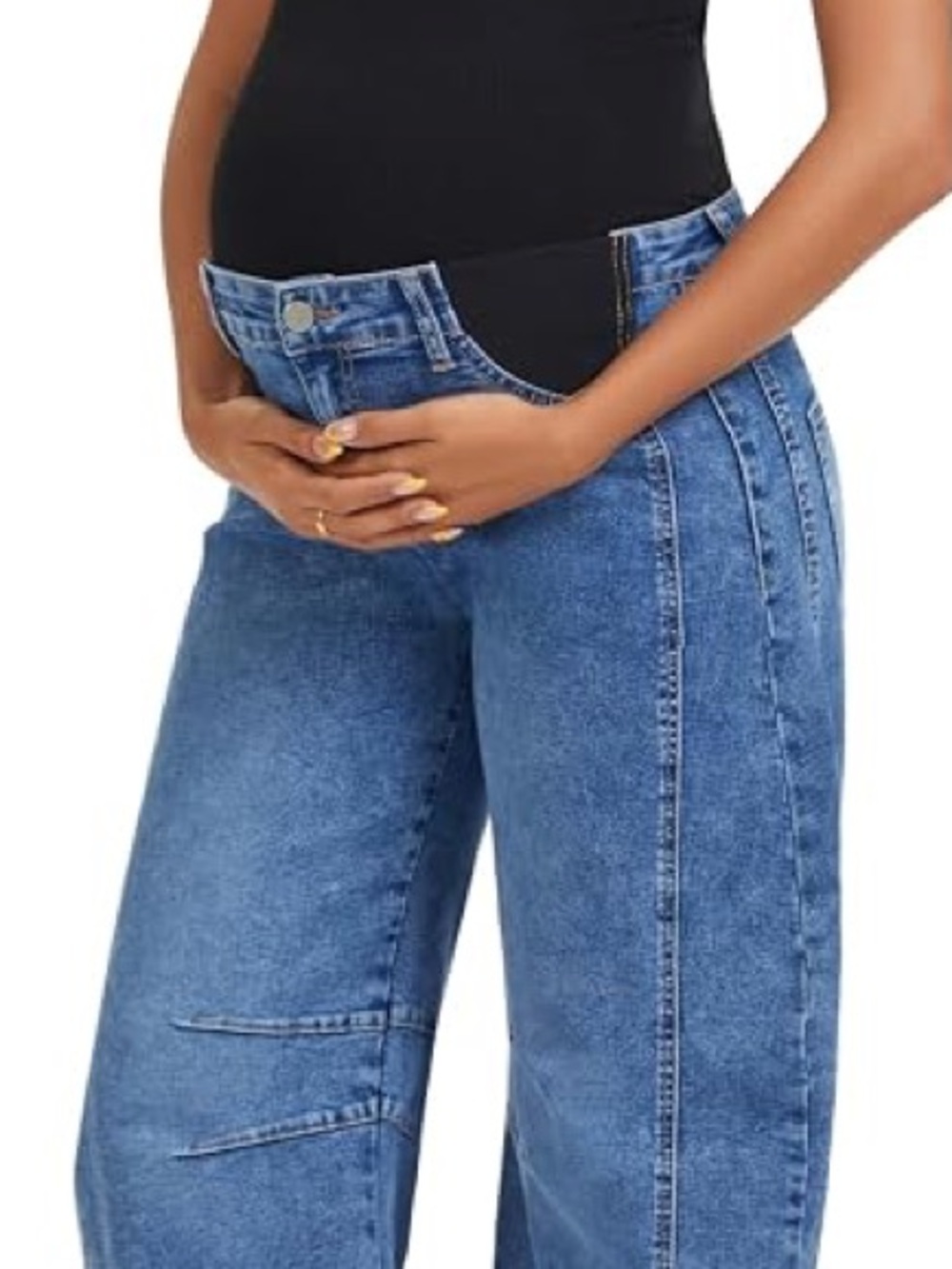Barrel Leg Maternity Blue Denim Jeans with Overlap Panel